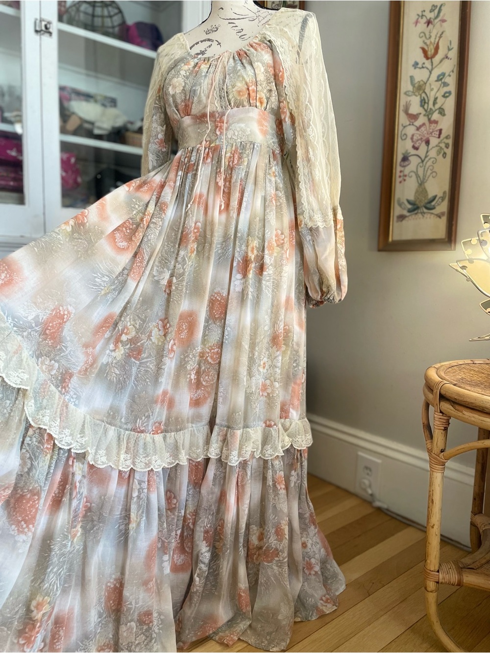 Gunne Sax Cream Maxi Dress with Peach Floral Print